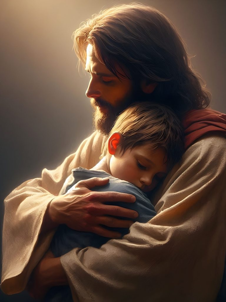 Jésus tient tendrement un jeune garçon dans ses bras, exprimant amour et compassion.