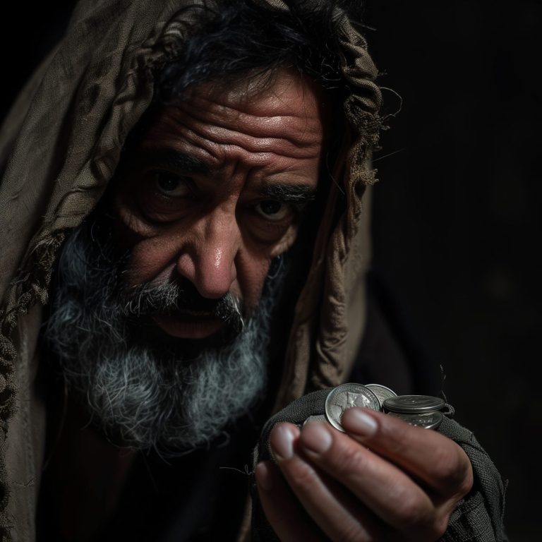 Homme âgé avec une barbe, tenant un petit objet, vêtu d'un manteau usé.