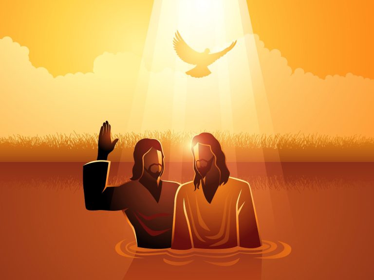 Baptême de Jésus au bord de l'eau, avec une lumière dorée et une colombe en vol.