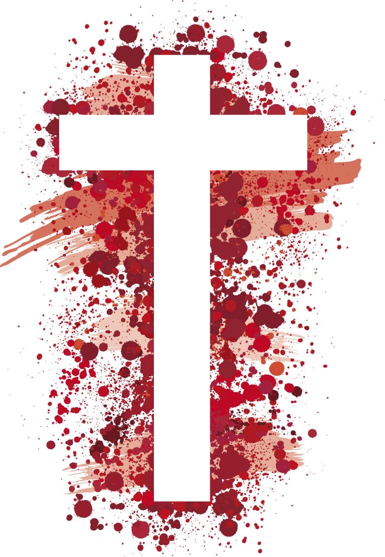 Croix blanche sur fond de taches rouges évoquant la passion et la foi.